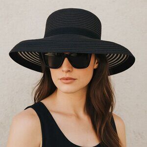 Black Wide Brim Sun Hat Sheer Stripe Beach Elegant Summer Floppy Resort Chic